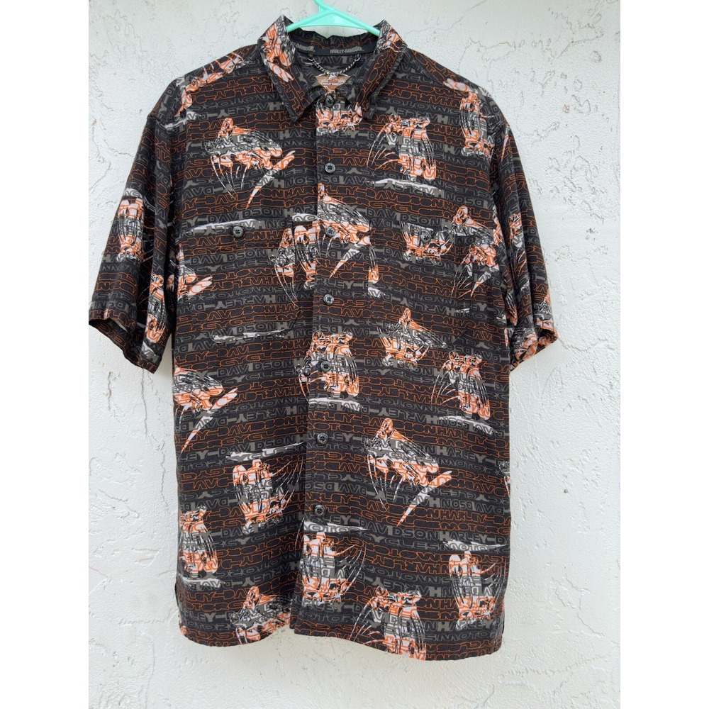 Harley Davidson Men 100% Rayon Black  All Over Print Button Down  Medium Shirt